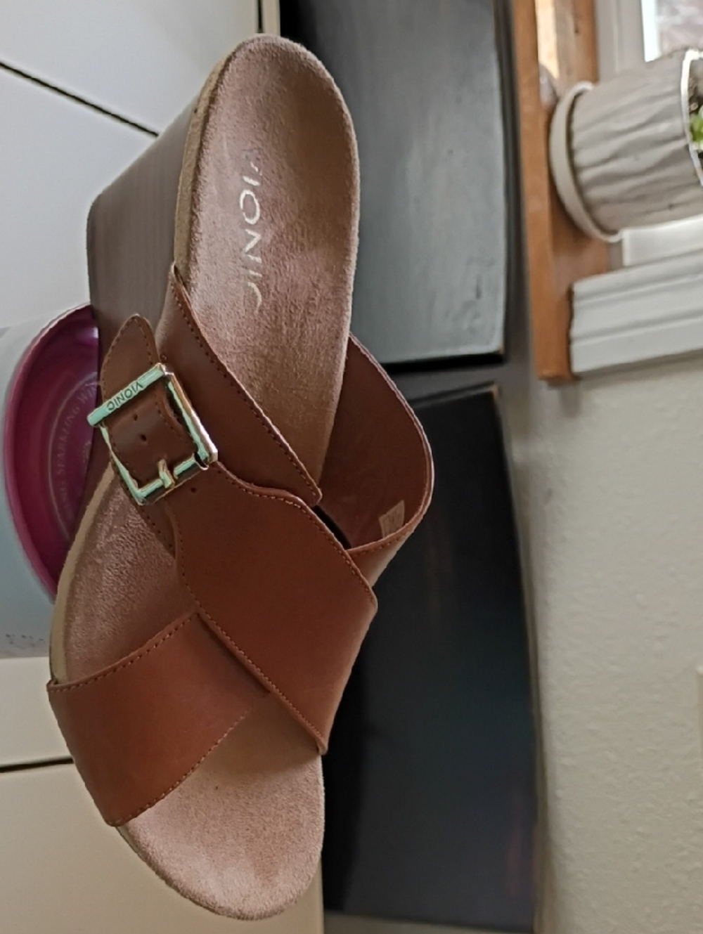 Vionic Tan Leather Cross-Strap Wedge Sandals with Buckle - Picture 5 of 6